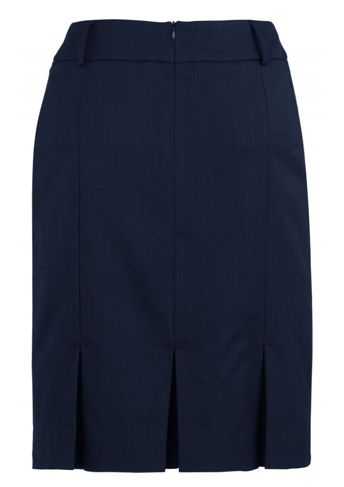 Navy multi-pleat skirt for women, featuring rear box pleats, knee length, and deep side pockets for practicality and style.