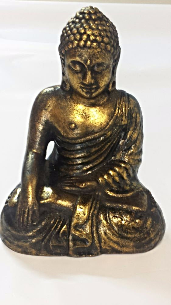 Sitting Buddha sculpture in antique gold, 30cm tall, symbolizing serenity for indoor or outdoor decor.