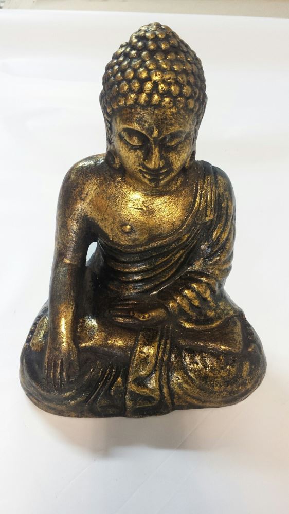 Sitting Buddha sculpture in antique gold, 30cm tall, crafted from terracotta, perfect for indoor or outdoor decor.
