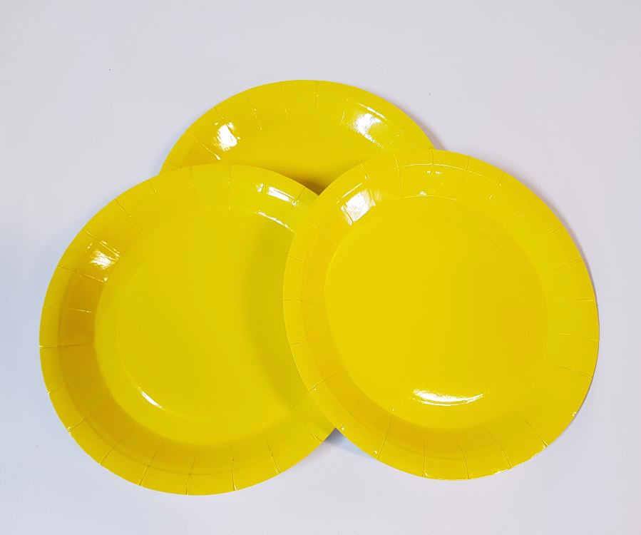 Vibrant yellow paper plates, pack of 6, 9 inches in diameter, perfect for parties and eco-friendly disposable dining.