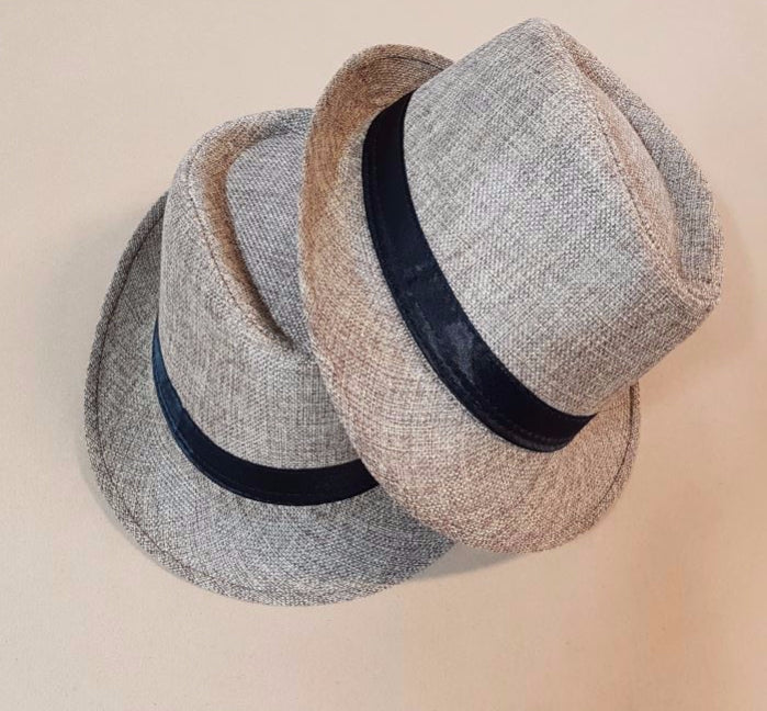Natural Fedora Trilby Hat with a black satin band, made of cotton and polyester, perfect for stylish sun protection.