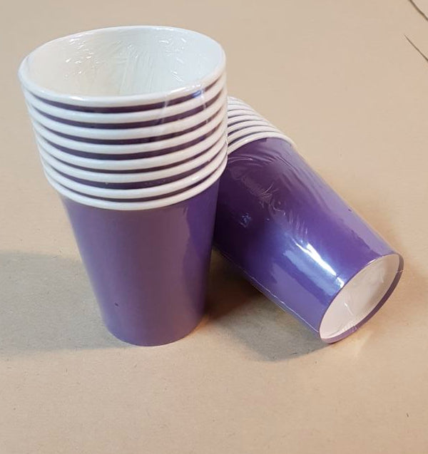 Vibrant purple paper cups set of 6, 250ml each, perfect for parties and eco-friendly gatherings at a clearance price.