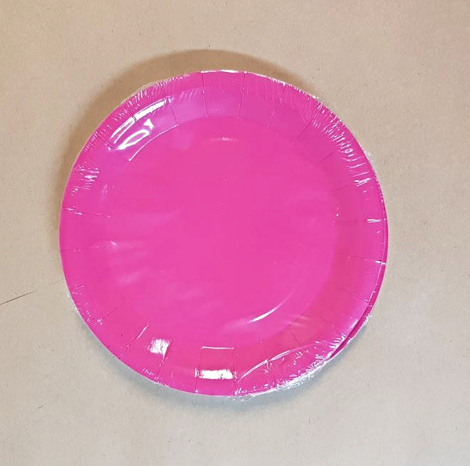 Vibrant HOT Pink disposable paper plates, 9 inches, durable, perfect for parties and gatherings, sold in packs of 6.