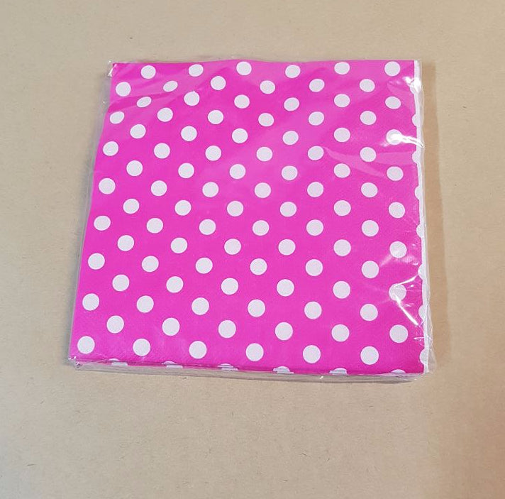 Vibrant hot pink napkins with a polka dot design, perfect for parties and gatherings, pack of 20 units.