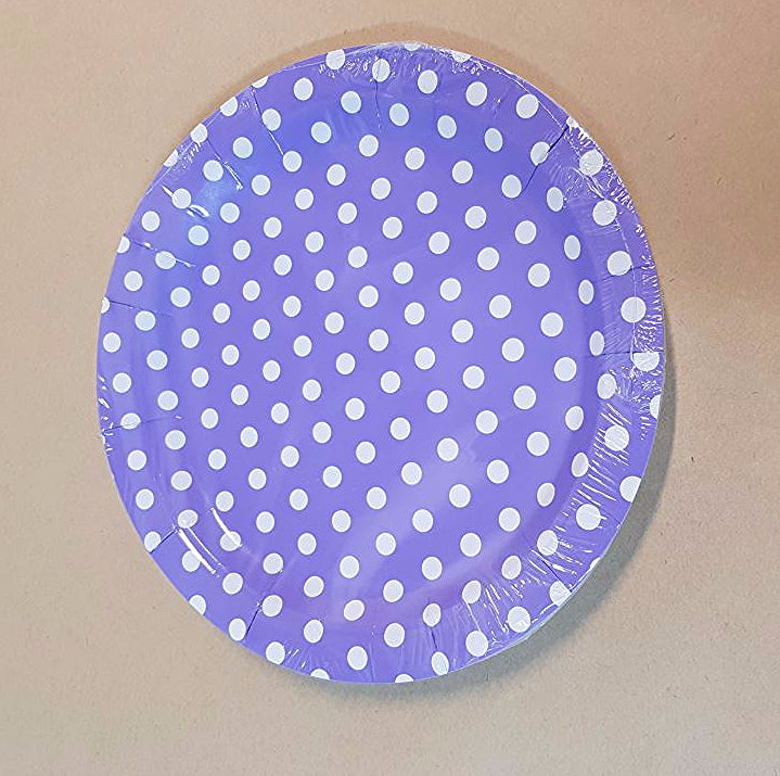 Purple polka dot paper plates, 9 inches, pack of 8, perfect for parties and easy clean-up.