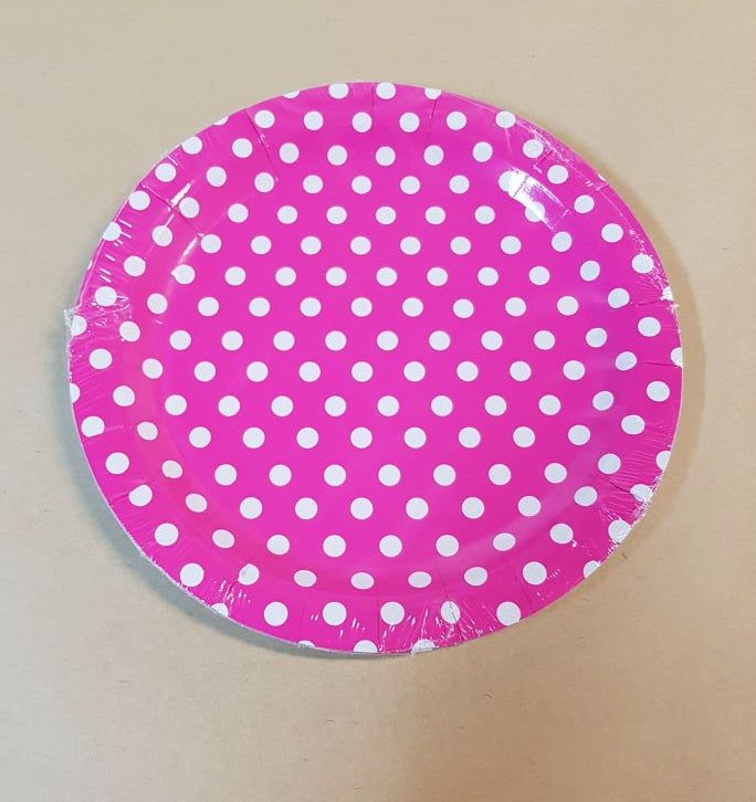 Hot pink polka dot paper plates, 9-inch, pack of 8 for vibrant party decor and easy cleanup at events.