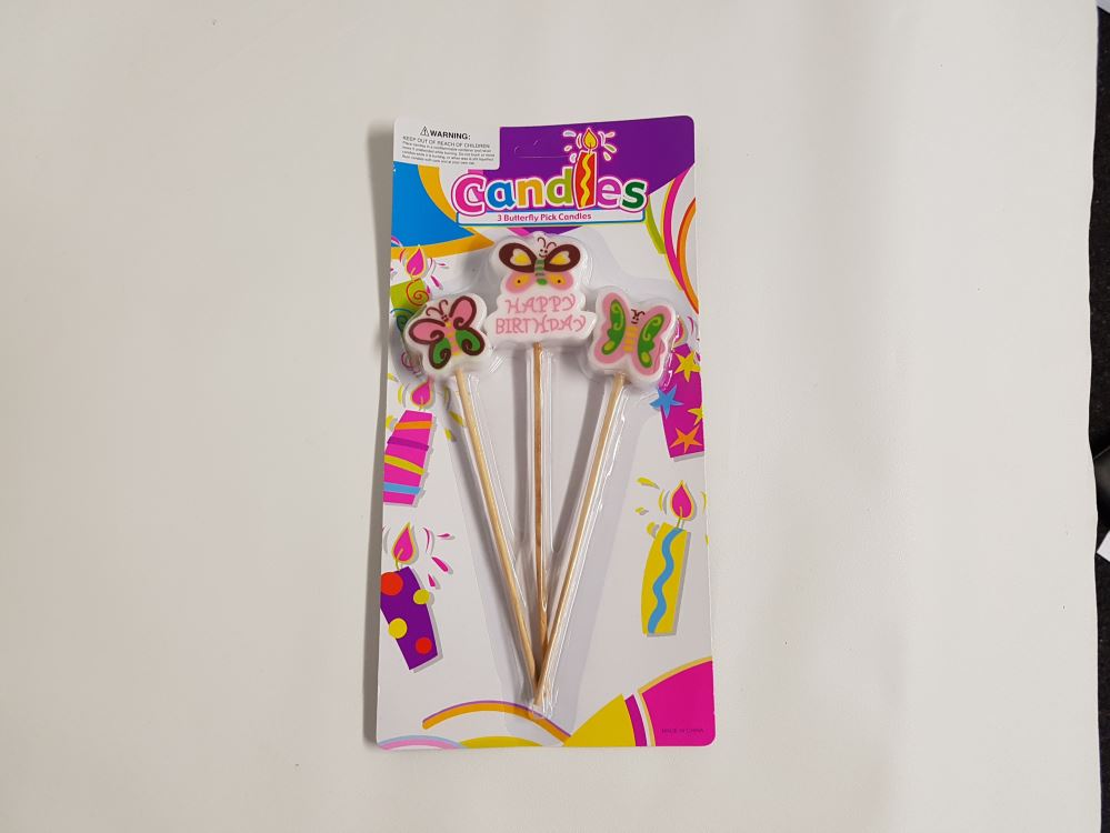 Colorful set of 3 birthday candles featuring whimsical butterfly designs, each 18cm tall, perfect for festive celebrations.
