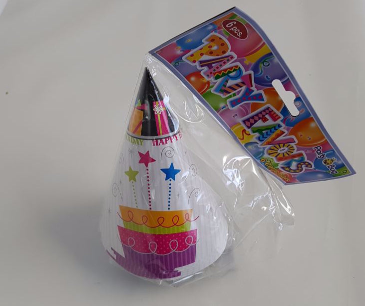 Colorful cardboard party hats pack of 6 with elastic bands, ideal for birthdays and celebrations at a clearance price.