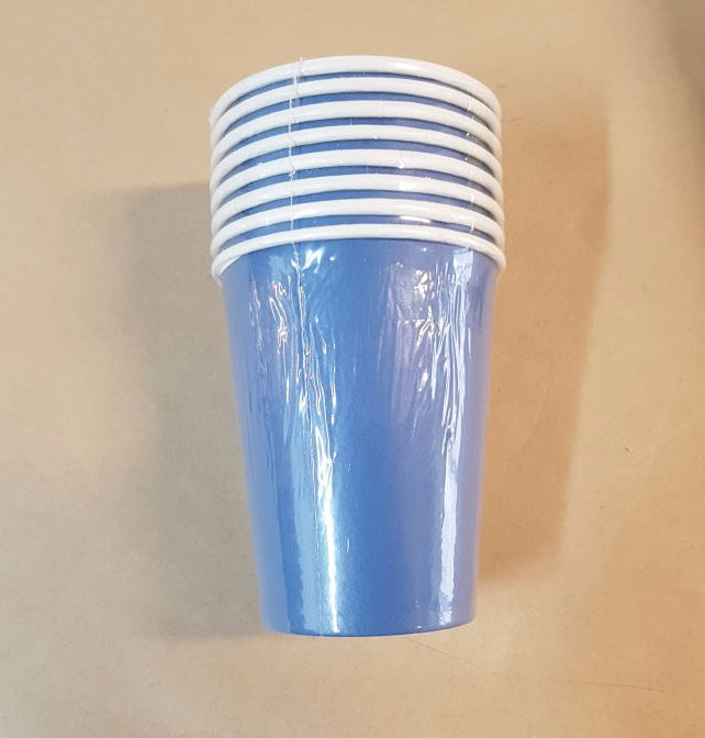 Bright blue disposable paper cups, pack of 6, perfect for parties and gatherings, holding 250ml of beverages.