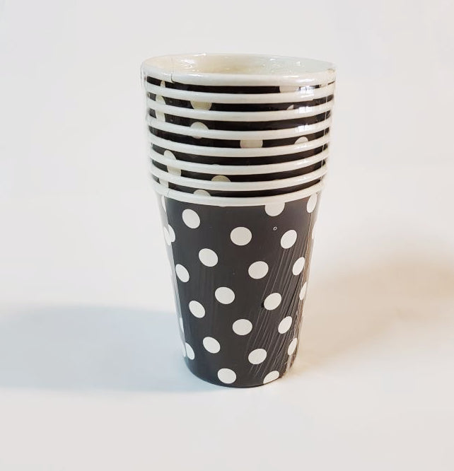 Black paper cups with white polka dots, 250ml, perfect for parties, available in packs of 8 at a clearance price.