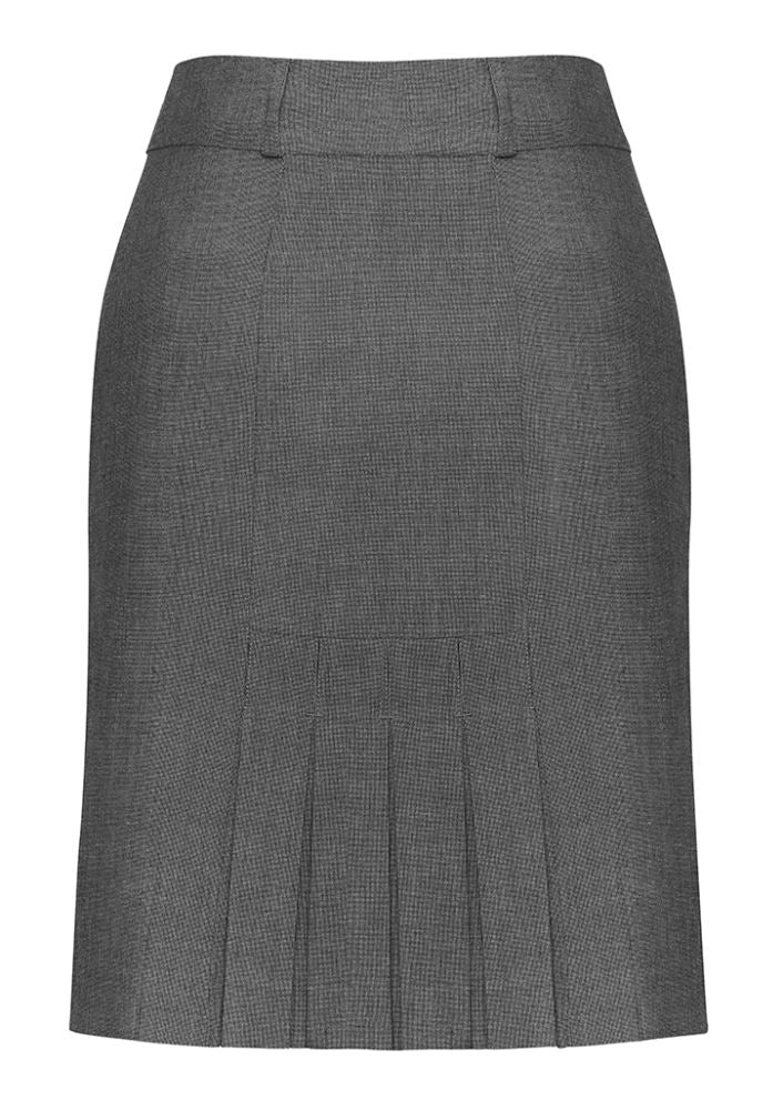 Ladies grey panelled skirt with rear split, featuring pockets and a silhouette-enhancing design, perfect for work or casual outings.