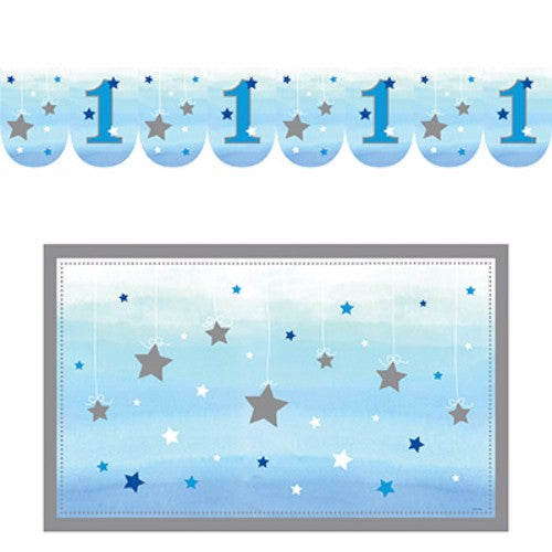 High chair birthday kit featuring a star-themed banner and protective floor mat for a baby boy's first birthday celebration.