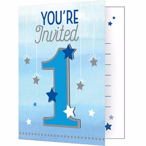 One Little Star Boy 1st Birthday Invitations, pack of 8, featuring star design and matching envelopes, ideal for your child's celebration.