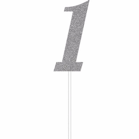 Silver glittered number 1 cake topper, 15cm x 3cm, perfect for first birthdays and milestone celebrations.