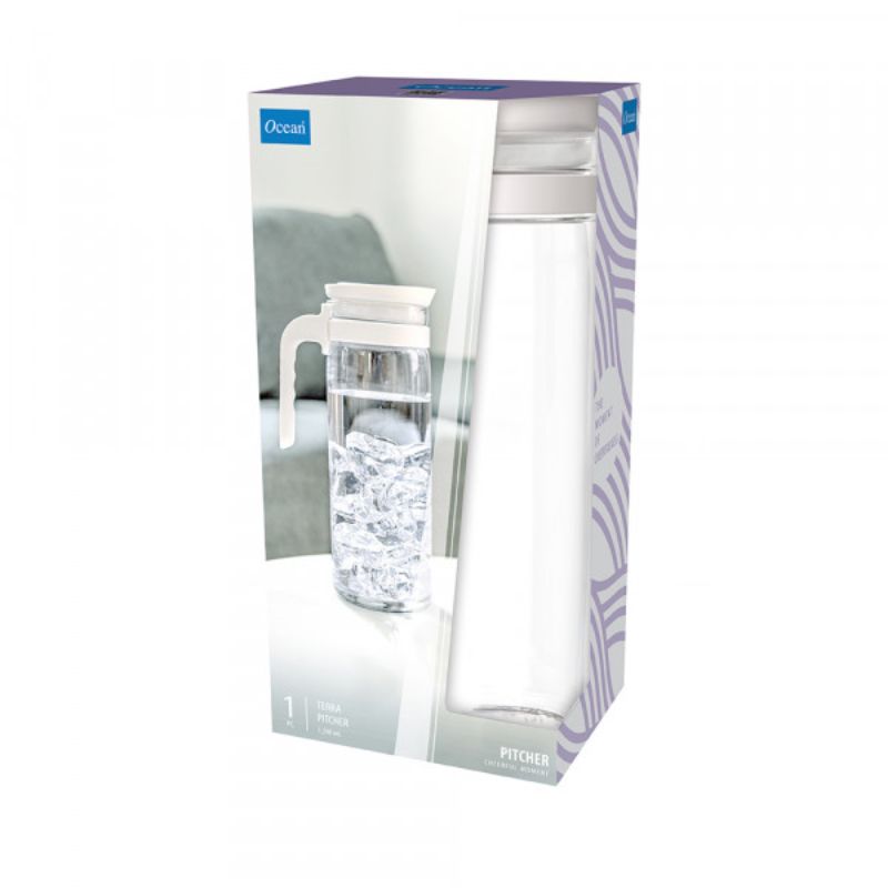 Elegant Star White glass pitcher (1390ml) with detachable lid, filter, and ergonomic handle for easy pouring and storage.