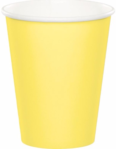 Bright yellow 266ml cups in a pack of 24, perfect for serving hot and cold beverages at parties and picnics.