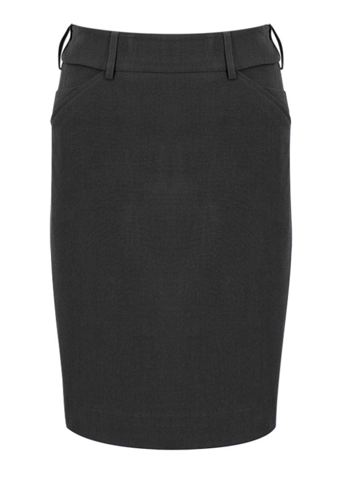 Charcoal ladies skirt with rear split, stretch knit fabric for comfort, available in sizes 4 to 26, perfect for all occasions.