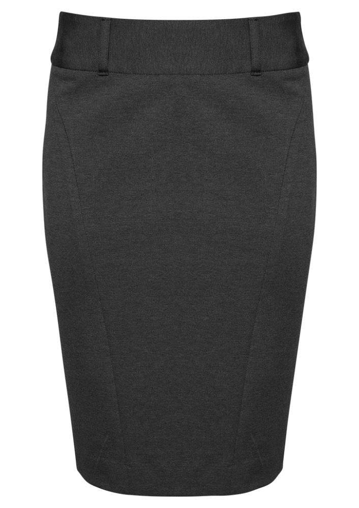 Charcoal ladies skirt with a rear split, featuring stretch knit fabric and curved panels, perfect for work or casual wear.