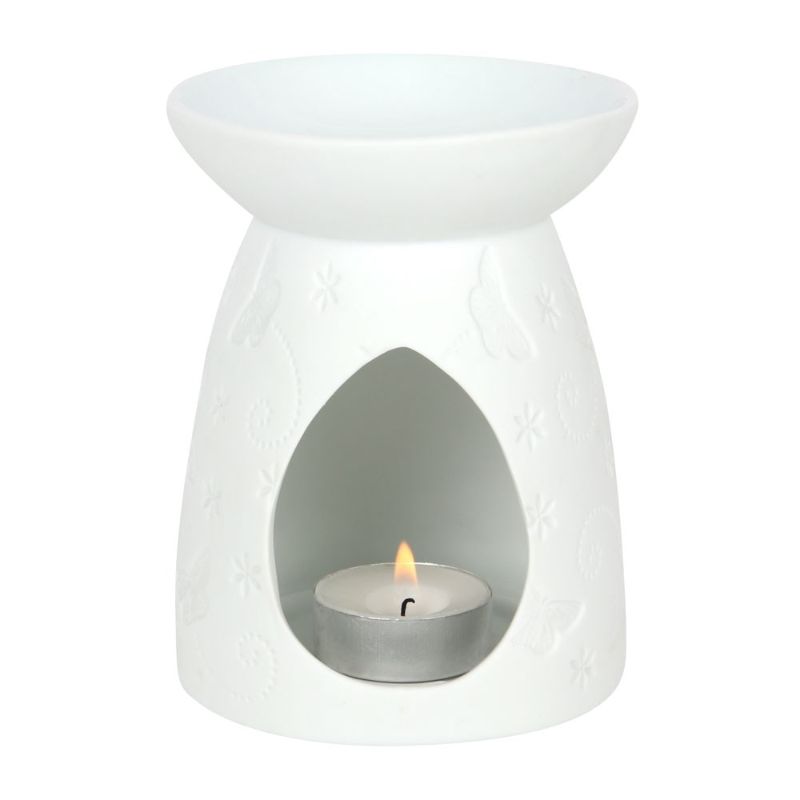 White Ceramic Butterfly Oil Burner with elegant butterfly design, perfect for melting wax melts and creating a soothing atmosphere.