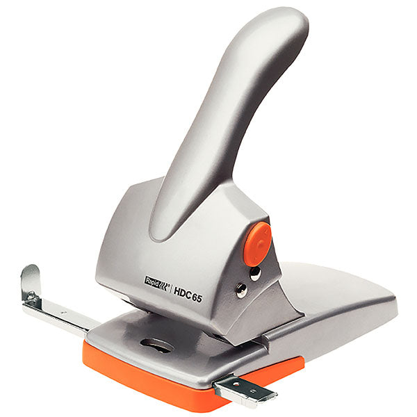 Ergonomic Silver and Orange Rapid Punch Hdc65, punches up to 65 sheets, features durable construction and easy storage.