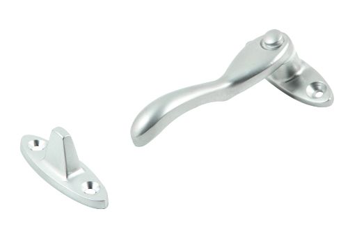 Wedge fastener in satin chrome, crafted from solid brass, designed for secure side-hung casement window closure.