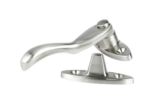 Satin nickel-plated solid brass wedge fastener for secure side-hung casement windows, includes fixings and template.