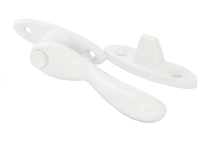 Solid brass wedge fastener with a white powder-coated finish, designed for secure casement window closure and durability.