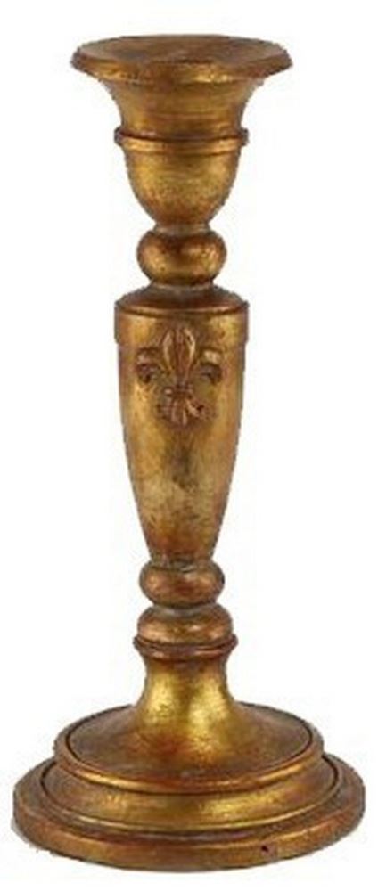 Antiqued gold candle holder with intricate detailing, measuring 24 x 11 cm, perfect for enhancing any home decor.