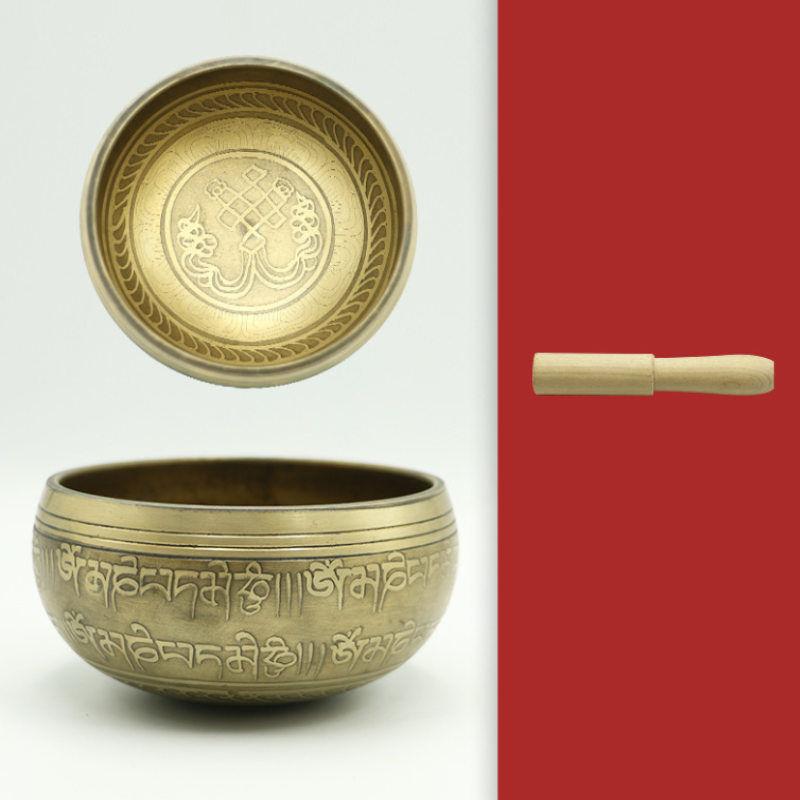 Handcrafted bronze singing bowl with 3-line mantra, measuring 13 x 7 cm, perfect for meditation and sound therapy.