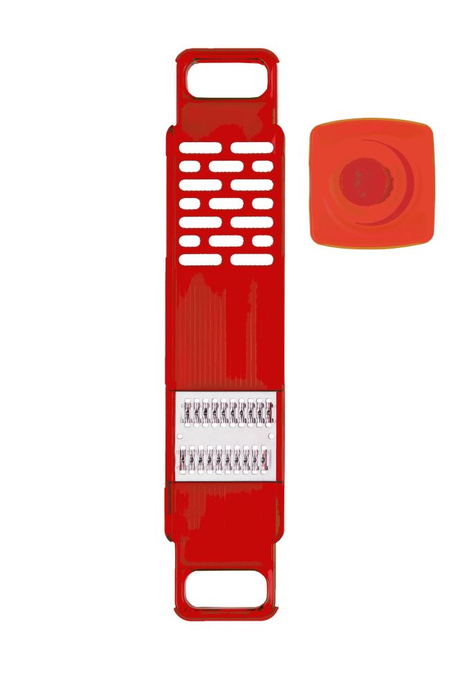 Grater & Julienne Mandoline Red, 28cm, features a non-slip base, hand guard, and dual functionality for grating and julienning.
