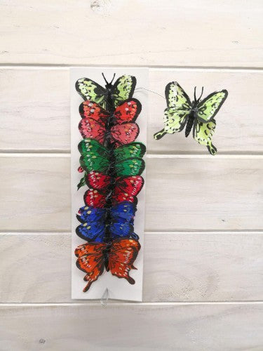 Vibrant 7cm artificial feather butterflies with bendable wire bodies, perfect for versatile home and event decor.
