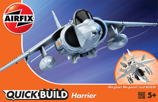 Snap-together Quickbuild Harrier model kit for kids, featuring 27 pieces, rubber tires, and a display stand. Perfect for ages 5+.