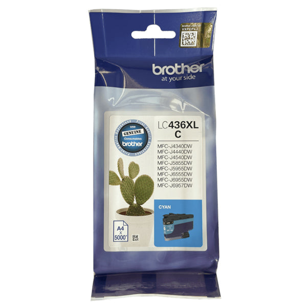 Brother LC436XLC Cyan Ink Cartridge for vibrant prints, yields up to 5000 pages, compatible with multiple printer models.