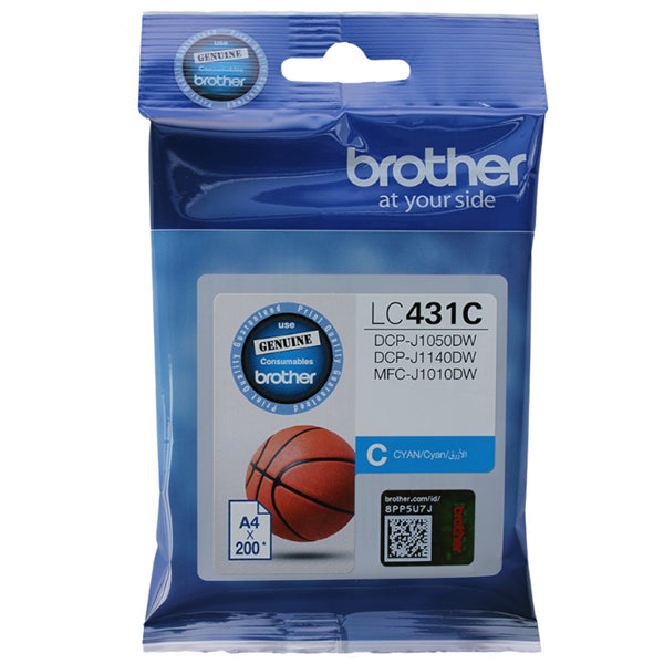 Brother LC431C Cyan Ink Cartridge for vibrant color printing, yielding up to 200 pages, compatible with Brother printers.