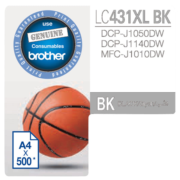 Brother LC431XLBK Black Ink Cartridge high yield, prints up to 1,200 pages, sharp text, and vibrant graphics, easy installation.