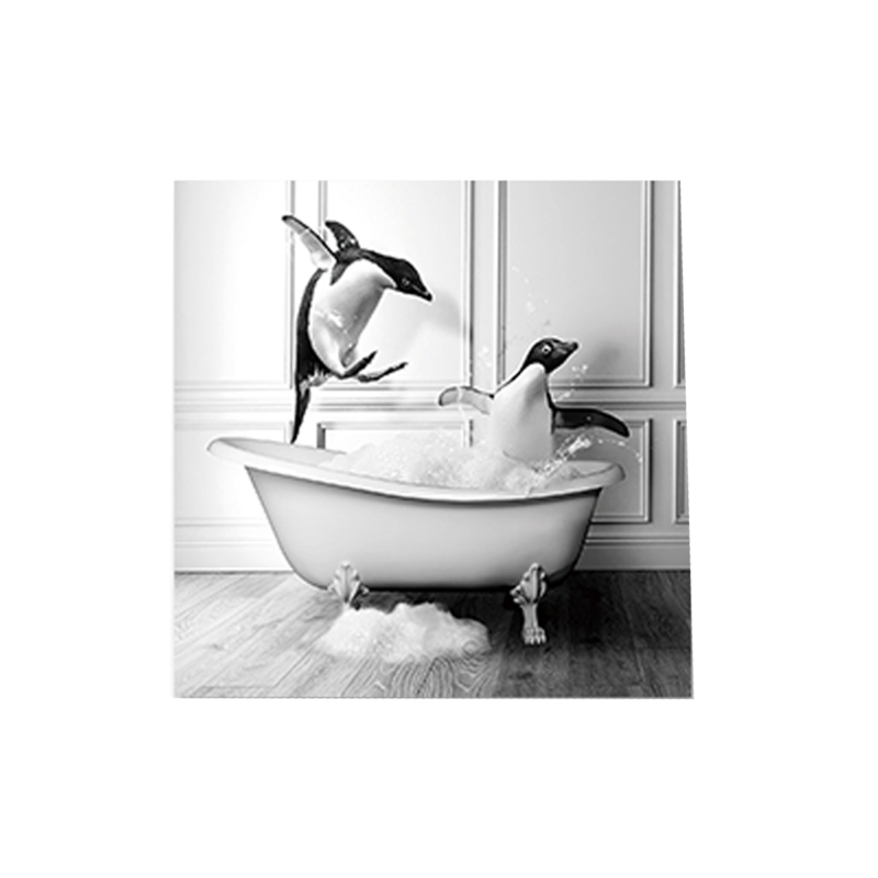 Art Print Canvas featuring playful penguins in a bath, 30x30cm, perfect for adding charm and humor to your decor.