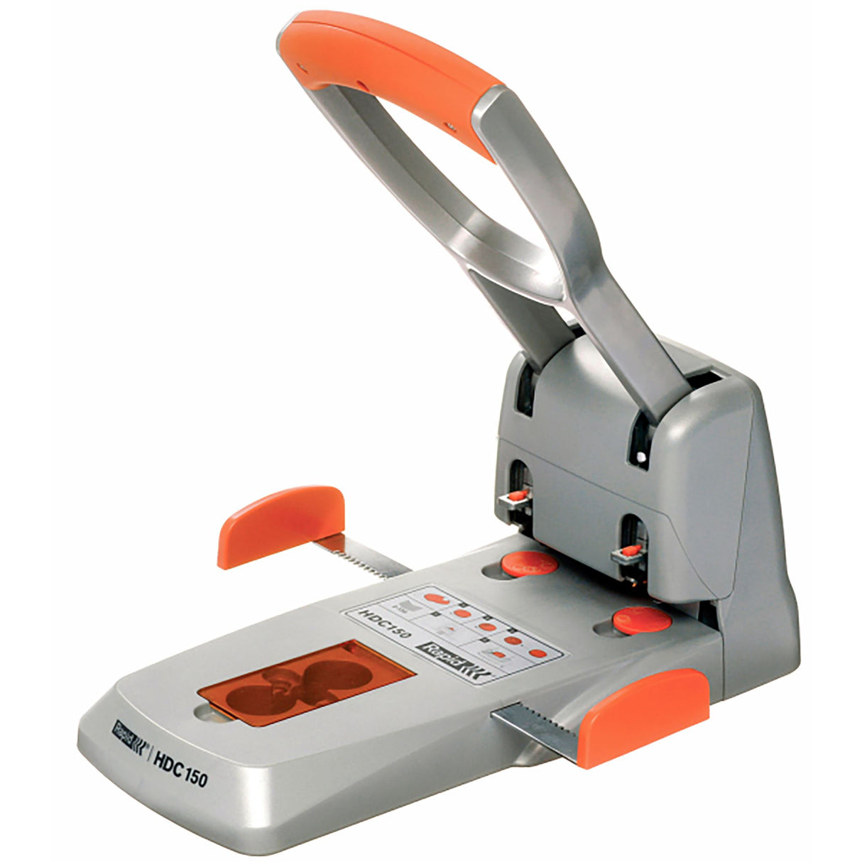 Heavy-duty Rapid PunColourhide Hdc150 hole punch in silver/orange, punches up to 150 sheets with ergonomic grip and durable design.