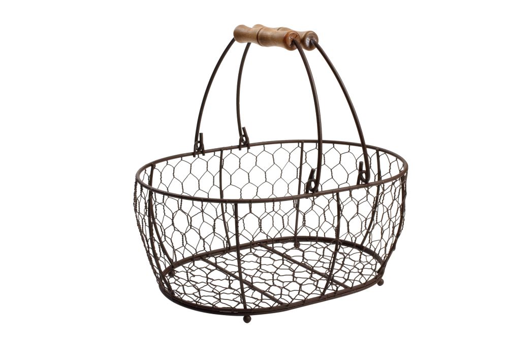 Medium oval wire basket in rustic brown with wooden handles, ideal for serving, storing, or displaying items stylishly.