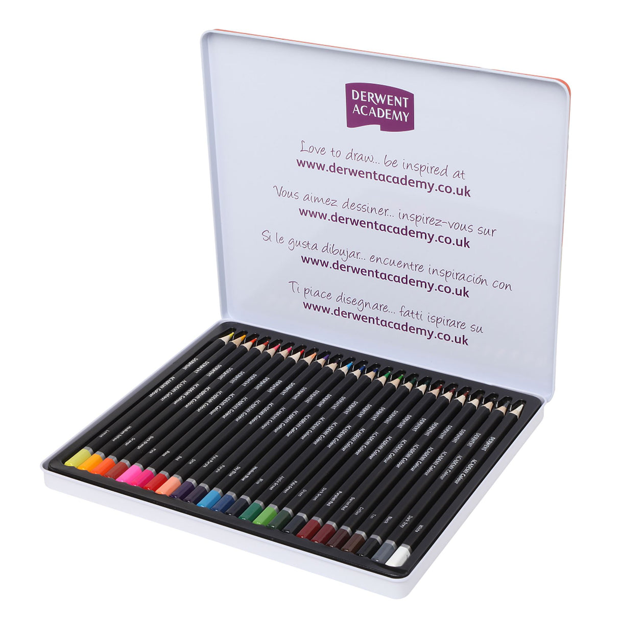 Derwent Coloured Pencils 24 Tin with strong cores, vibrant colors, and durable wood barrels for artists and hobbyists.