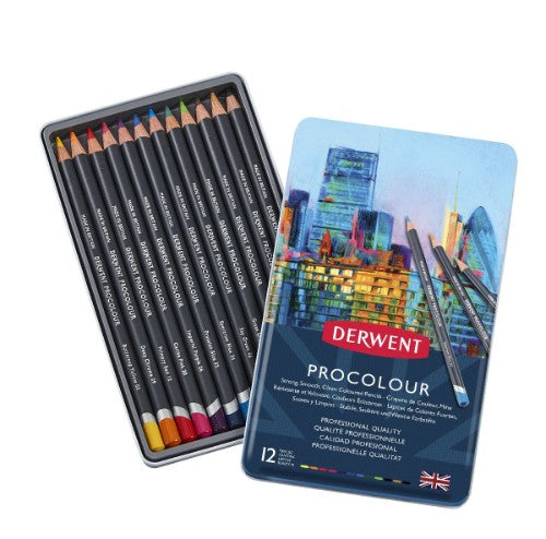 Derwent Procolour Pencils tin with 12 professional-grade, vibrant colored pencils, perfect for detailed art and blending.