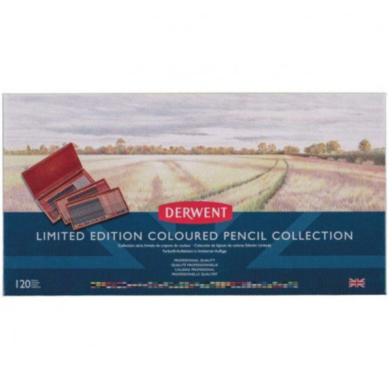 Derwent Limited Edition 120 Coloured Pencil Collection in a stylish maple box, featuring vibrant, professional quality pencils for artists.