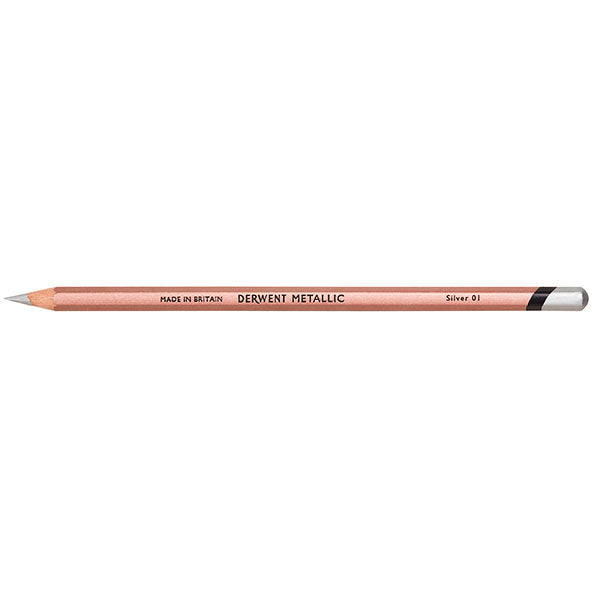 Derwent Metallic Pencil in Silver, showcasing a stunning shimmering hue for vibrant, glamorous artwork and smooth drawing experience.