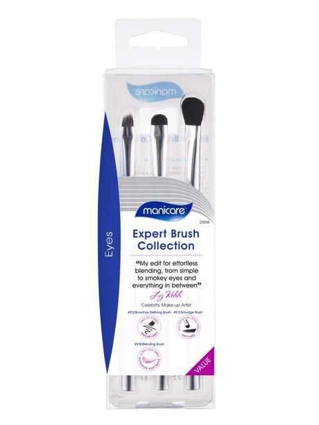 Manicare Eye Make-Up Brush Kit featuring three premium brushes for defining, smudging, and blending eye makeup effortlessly.