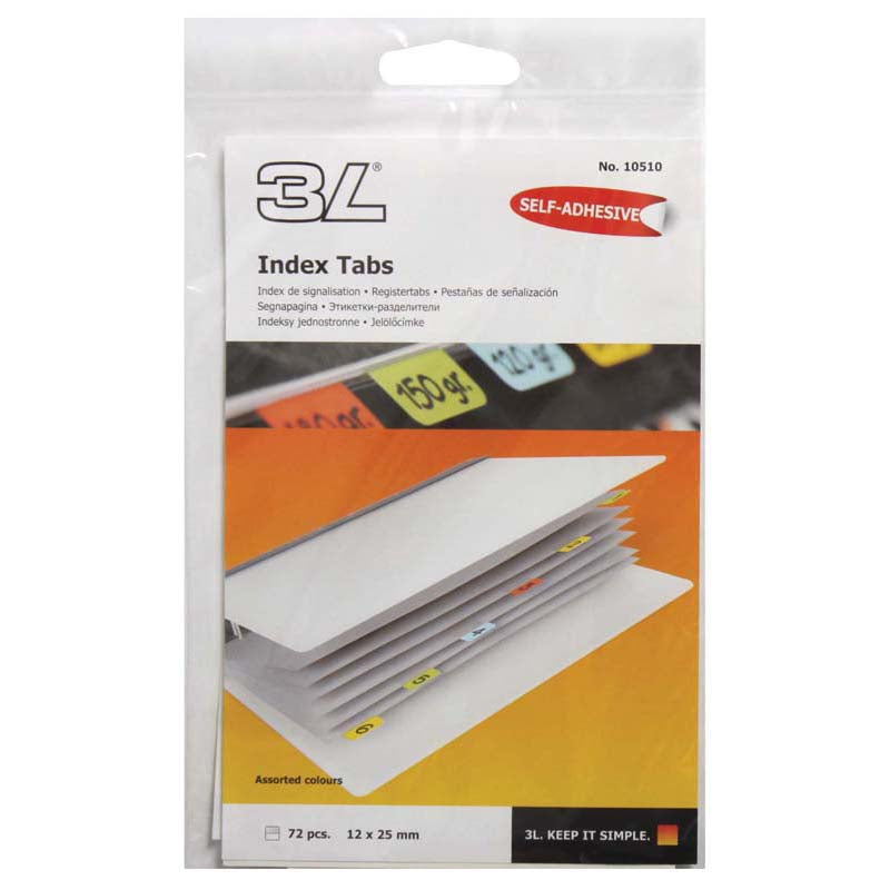 Vibrant 3L Index Tab 25mm Assorted 72 Pack for easy document indexing, featuring ample space for clear labels and color variety.