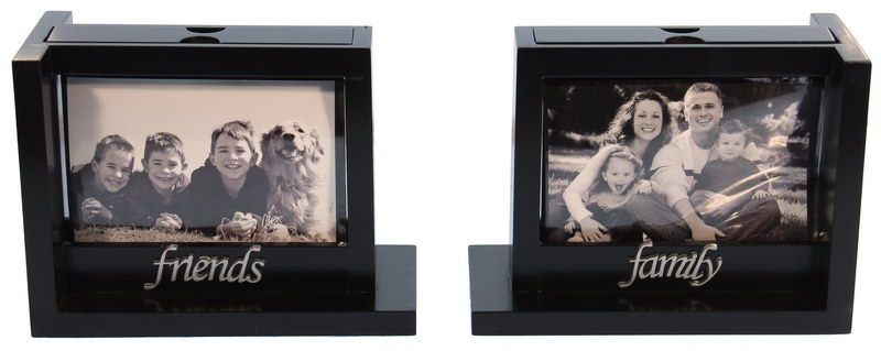 Stylish black wood bookends featuring 'Family' and 'Friends' cutouts, perfect for organizing books and displaying photos.