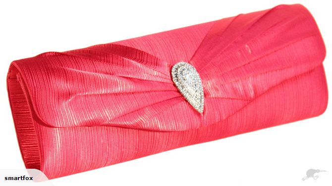 Elegant red clutch with pleated design and diamante centerpiece, perfect for formal occasions and night outs.