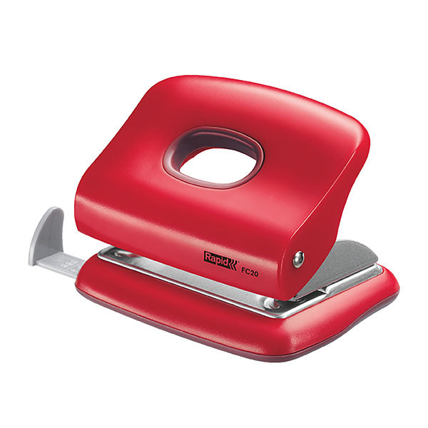 Sleek red clamshell hole puncher with metal core, punches 20 sheets, adjustable guide, and integrated confetti holder.