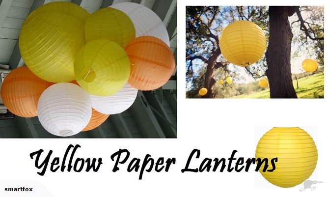 Bright yellow 12" paper lanterns, 10-pack, perfect for weddings and parties, featuring sturdy bamboo ribbing and rice paper.