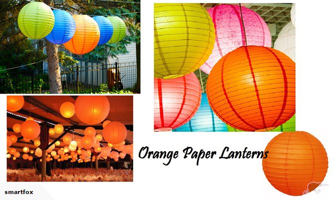 Ten 16-inch orange paper lanterns, perfect for events, crafted with bamboo ribbing and rice paper, includes light-bulb clips.