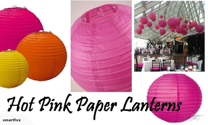 Vibrant 16" hot pink paper lanterns in a set of 10, ideal for weddings and parties, with durable bamboo ribbing.